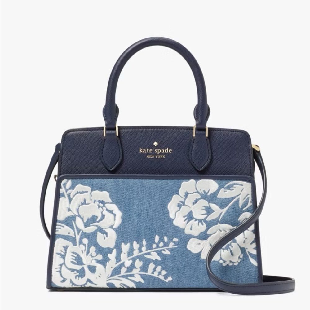 ♠️Kate Spade Madison Vase Floral Embroidered Small Satchel Bag, Blue NWT